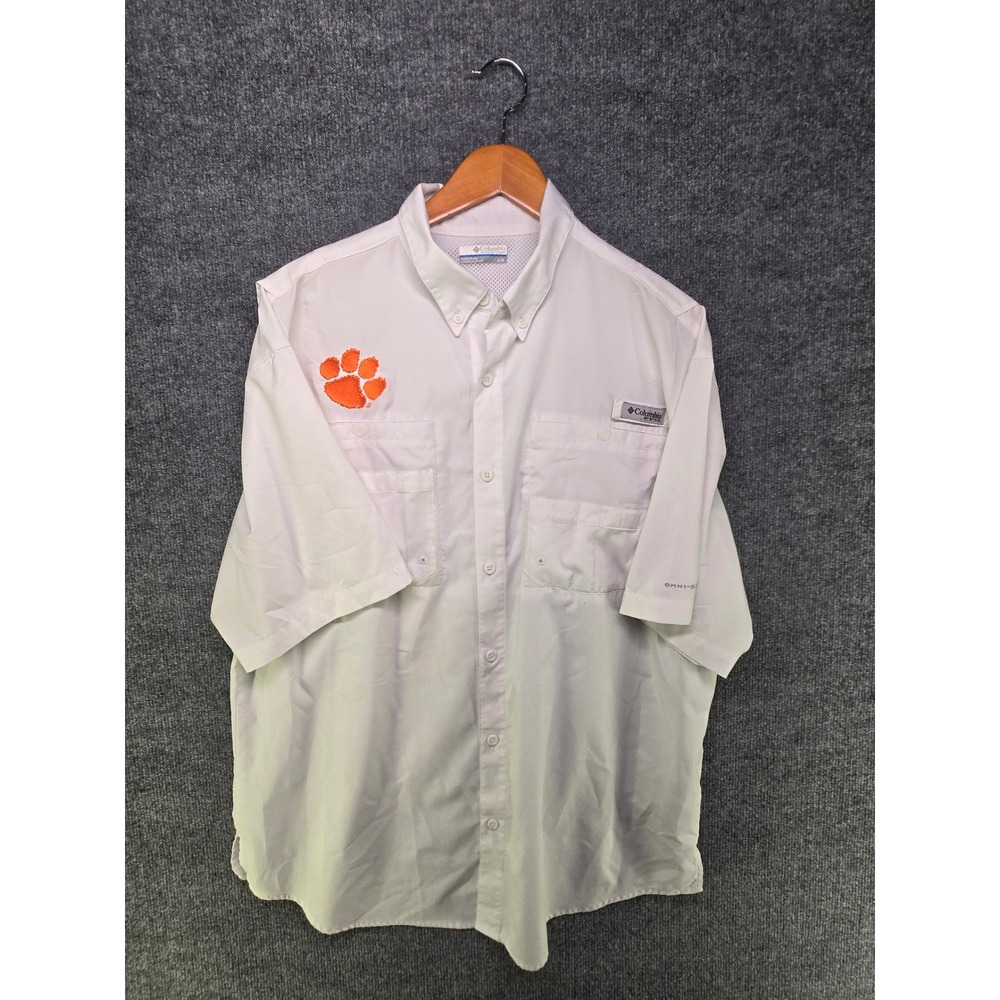 Columbia PFG Clemson Tigers Tamiami II Fishing Shirt Mens Large White SS